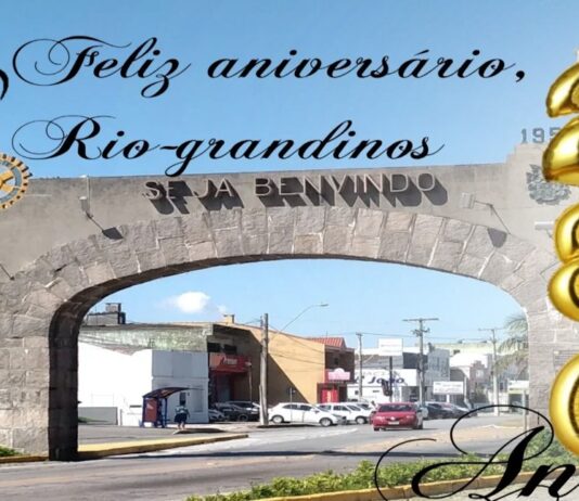 Parabéns Rio-grandinos 286 Anos Pórtico de rio grande dizendo Feliz aniversário Rio grande, com uma silhueta de uma cuia de chimarrão e 3 balões dourados formando o numero 286