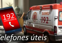 Telefones úteis em Rio Grande Uma viatura do Samu, um telefone celular ligando para o telefone de emergência 192 e a rase "Telefone Úteis"