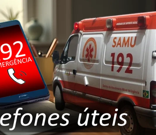 Telefones úteis em Rio Grande Uma viatura do Samu, um telefone celular ligando para o telefone de emergência 192 e a rase "Telefone Úteis"