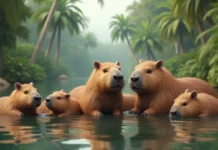 Reserva do Taim Uma família de capivaras com dois adultos e três filhotes se banhando num lago raso entre árvores.