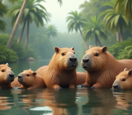 Reserva do Taim Uma família de capivaras com dois adultos e três filhotes se banhando num lago raso entre árvores.