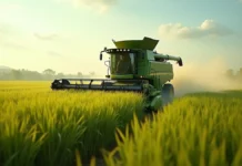 Agricultura de Rio Grande Uma enorme colheitadeira verde colhendo arroz no campo. O céu é azul, com poucas nuvens.