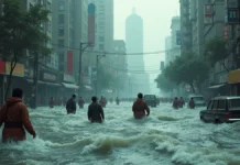Enchente de Rio Grande de 1941 Pessoas e carros andando numa enchente numa avenida com prédios altos.