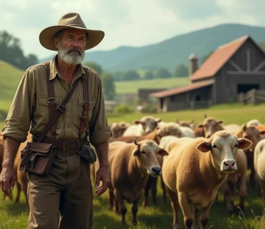 Pecuária em Rio Grande-RS Um homem a frente de algumas vagas num campo verde com um galpão de madeira ao fundo da imagem.