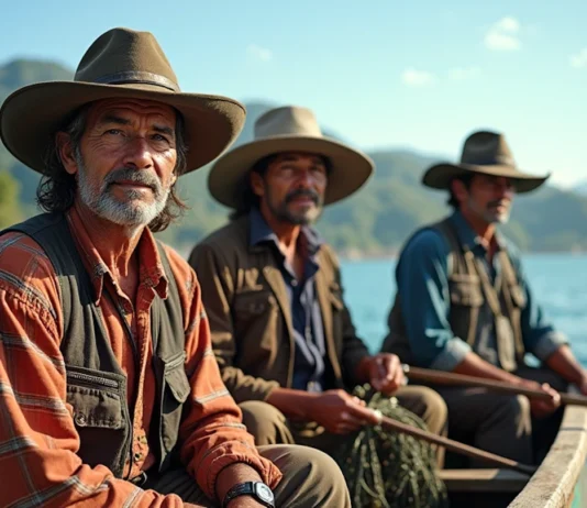 A Pesca como Fonte de Renda em Rio Grande: Um Olhar sobre a Economia Local Três homens pescando em um barco.