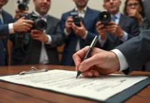 Polo Naval de Rio Grande é Revitalizado com Construção de Quatro Navios para a Transpetro Close numa mão destra assinando um documento sobre uma bancada, em meio à fotógrafos de terno e gavata.