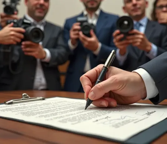 Polo Naval de Rio Grande é Revitalizado com Construção de Quatro Navios para a Transpetro Close numa mão destra assinando um documento sobre uma bancada, em meio à fotógrafos de terno e gavata.