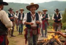 Rio Grande: 288 Anos de História, Cultura e Progresso Um grupo de pessoas com roupas tradicionais do rio grande do sul em volta à uma fogueira