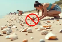 A Importância de Preservar as Conchas Marinhas e a Vida Costeira na Praia do Cassino Algumas pessoas colhendo conchas marinhas na praia, com um símbolo de proibido sobre a imagem, destacando que esse ato é errado.
