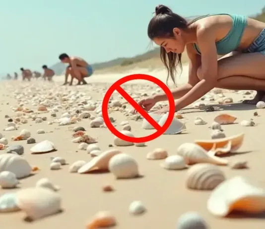 A Importância de Preservar as Conchas Marinhas e a Vida Costeira na Praia do Cassino Algumas pessoas colhendo conchas marinhas na praia, com um símbolo de proibido sobre a imagem, destacando que esse ato é errado.