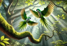 Parque Urbano Bosque das Caturritas: Novo Espaço Verde em Rio Grande Promete Lazer e Preservação Ambiental Duas caturritas voando entre galhos de árvores com a luz do Sol refletindo entre as folhas.