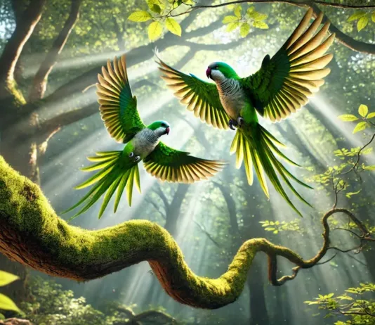 Parque Urbano Bosque das Caturritas: Novo Espaço Verde em Rio Grande Promete Lazer e Preservação Ambiental Duas caturritas voando entre galhos de árvores com a luz do Sol refletindo entre as folhas.