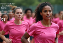 Prefeitura de Rio Grande Promove Corrida em Comemoração ao Dia da Mulher Mulheres vestindo camisetas rosas e calções pretos participando de uma corrida. Um texto com informações de data e valores estão sobre o banner.