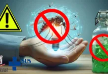 Alerta! Aumento de Focos de Dengue em Rio Grande. Uma mão com uma lâmpada acesa e um mosquito do tamanho da mão com um símbolo e proibido. À volta uma garrafa com água parada, um triângulo sinalizando atenção, o brasão da cidade de rio grande e o logotipo do SUS