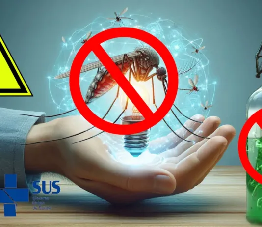 Alerta! Aumento de Focos de Dengue em Rio Grande. Uma mão com uma lâmpada acesa e um mosquito do tamanho da mão com um símbolo e proibido. À volta uma garrafa com água parada, um triângulo sinalizando atenção, o brasão da cidade de rio grande e o logotipo do SUS