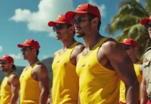 Operação Golfinho na Praia do Cassino termina em 10 dias (05/03/2025) Uma fileira de homens salva-vidas e membros da brigada militar em posição de sentindo observando o mar para proteger os banhistas.