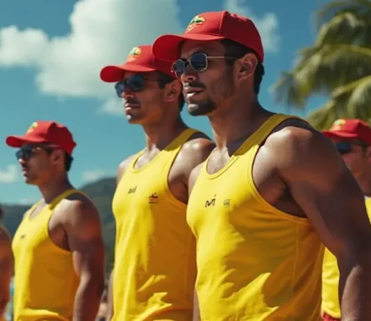 Operação Golfinho na Praia do Cassino termina em 10 dias (05/03/2025) Uma fileira de homens salva-vidas e membros da brigada militar em posição de sentindo observando o mar para proteger os banhistas.