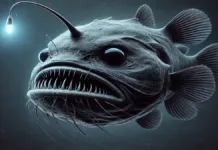 Peixe-diabo na Superfície : Raridade ou Apenas um Fenômeno Pouco Observado? Um peie preto com dentes pontiagudos em forma de serra, com m chifre com uma espécie de lanterna bioluminescence na testa.