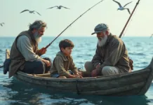 Como Está a Temporada de Pesca em Rio Grande? Dois homens de cabelos brancos e um menino dentro de um pequeno barco de madeira pescando com vara em mar aberto, rodeados por gaivotas voando.