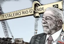 Lula visita Rio Grande para impulsionar indústria naval com novos contratos Desenho em tons cinzas do presidente luiz inácio lula da silva em frente à plataforma de rio grande.