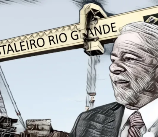Lula visita Rio Grande para impulsionar indústria naval com novos contratos Desenho em tons cinzas do presidente luiz inácio lula da silva em frente à plataforma de rio grande.