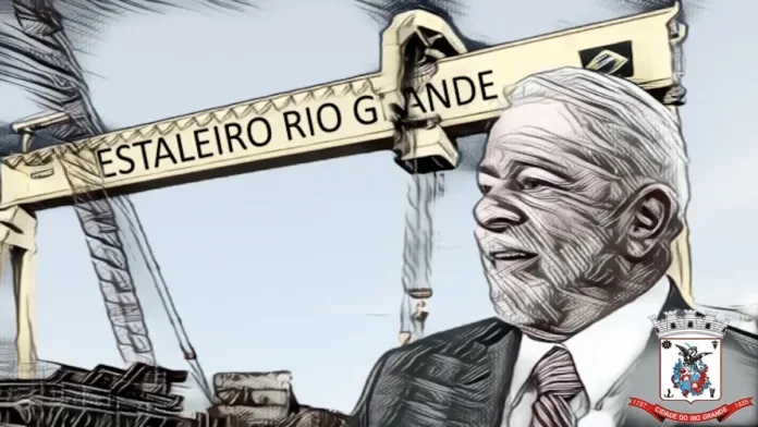 Desenho em tons cinzas do presidente luiz inácio lula da silva em frente à plataforma de rio grande.