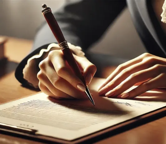 Prefeita de Rio Grande Protocola Medidas para Fortalecer a Santa Casa Close em uma planilha com um documento sendo assinado por mãos femininas empunhando uma caneta elegante. O documento está sobre uma mesa de escritório.