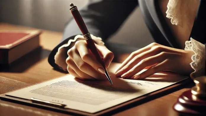 Close em uma planilha com um documento sendo assinado por mãos femininas empunhando uma caneta elegante. O documento está sobre uma mesa de escritório.