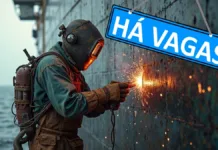 Estaleiro Rio Grande abre oportunidades para trabalhadores qualificados Um homem vestindo EPI de segurança realizando solda no casco de um navio. à sua direita uma placa azul com letras brancas dizendo Há vagas.