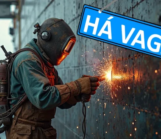 Estaleiro Rio Grande abre oportunidades para trabalhadores qualificados Um homem vestindo EPI de segurança realizando solda no casco de um navio. à sua direita uma placa azul com letras brancas dizendo Há vagas.