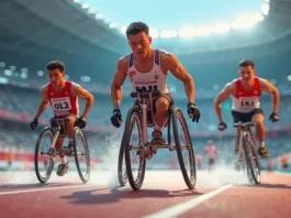 Cadeirantes participando de uma corrida olímpica.
