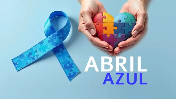 Um laço azul ao lado de duas mãos segurando um coração feito de quebra-cabeça colorido. Abaixo da mão a palavra abril em letras brancas e a palavra azul na cor azul forte. O fundo é azul claro.