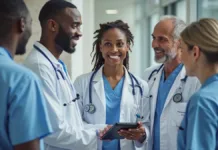 Novas contratações reforçam equipe de saúde em Rio Grande Uma equipe médica e enfermeiros trabalhando em um hospital moderno. A cena transmite colaboração, profissionalismo e atendimento humanizado. A iluminação é natural e suave, destacando expressões amigáveis e confiantes.