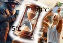 Contagem Regressiva para o Frio: Quando as Temperaturas Começarão a Cair em Rio Grande? A imagem está dividida em duas partes contrastantes. Do lado esquerdo, um homem veste roupas pesadas de inverno, incluindo um poncho grosso e um chapéu de aba larga. Ele segura uma caneca metálica, e seu rosto está parcialmente coberto por uma barba. O ambiente ao redor é frio, com montanhas ao fundo e tons azulados que remetem ao inverno. A temperatura indicada é de 5°C. No centro da imagem, há uma ampulheta grande e brilhante, simbolizando a passagem do tempo. Ela divide os dois cenários. Do lado direito, a cena é de calor intenso. Um homem com regata branca e pele suada joga água sobre a cabeça enquanto segura um leque colorido. Atrás dele, há várias pessoas tentando se refrescar, algumas bebendo líquidos e outras abanando o rosto. O ambiente parece urbano, com carros ao fundo e um céu amarelado, transmitindo calor. A temperatura indicada é de 38°C