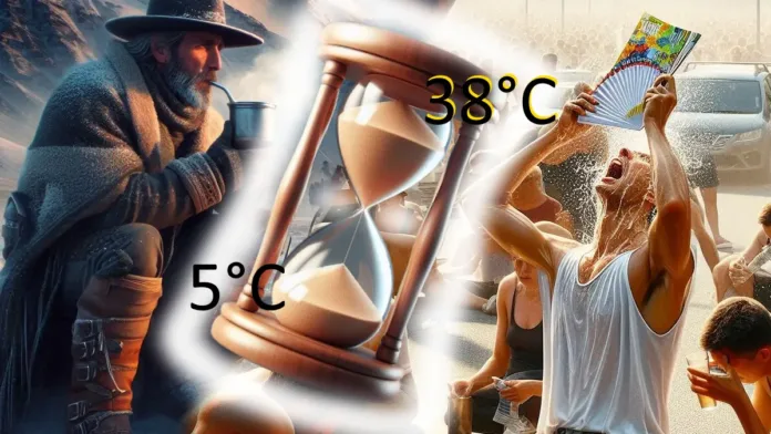 A imagem está dividida em duas partes contrastantes. Do lado esquerdo, um homem veste roupas pesadas de inverno, incluindo um poncho grosso e um chapéu de aba larga. Ele segura uma caneca metálica, e seu rosto está parcialmente coberto por uma barba. O ambiente ao redor é frio, com montanhas ao fundo e tons azulados que remetem ao inverno. A temperatura indicada é de 5°C. No centro da imagem, há uma ampulheta grande e brilhante, simbolizando a passagem do tempo. Ela divide os dois cenários. Do lado direito, a cena é de calor intenso. Um homem com regata branca e pele suada joga água sobre a cabeça enquanto segura um leque colorido. Atrás dele, há várias pessoas tentando se refrescar, algumas bebendo líquidos e outras abanando o rosto. O ambiente parece urbano, com carros ao fundo e um céu amarelado, transmitindo calor. A temperatura indicada é de 38°C