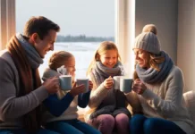 Frente Fria Atinge Rio Grande Uma família composta por pai, mãe e duas filhas, todos vestidos com roupas de lã para se proteger do frio, compartilha um momento aconchegante enquanto saboreia bebidas quentes em canecas brancas de porcelana. Eles estão reunidos próximos a uma grande janela, através da qual se pode ver um cenário de inverno gelado, com uma atmosfera serena e acolhedora.