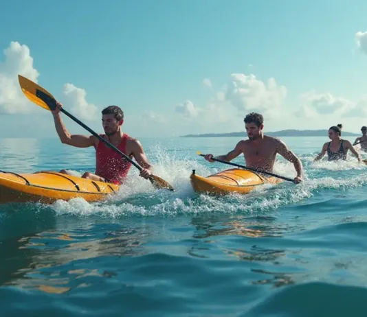 Travessia a Nado SJN-RG Bate Recorde e Consagra-se como Sucesso A imagem mostra quatro pessoas de caiaque numa competição.