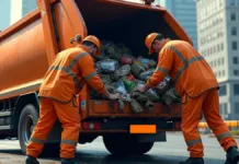 Serviços Essenciais Mantêm Funcionamento Durante o Carnaval em Rio Grande Dois homens vestindo uniformes laranjas acomodando resíduos em um caminhão laranja de coleta de lixo.