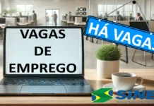 Vagas de Emprego no SINE Rio Grande A imagem mostra um notebook sobre uma mesa de escritório, com a frase 'Vagas de Emprego' visível na tela. Ao redor, há materiais de escritório como canetas, cadernos e uma xícara de café, enquanto o fundo desfocado exibe pessoas em um ambiente de trabalho, sugerindo um local movimentado. No canto direito, uma placa retangular azul com a inscrição 'Há Vagas' destaca-se, oferecendo uma sensação de oportunidade e recrutamento.