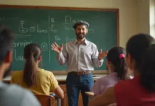 Curso Gratuito de Francês para Adultos em Rio Grande: Inscreva-se Já! Um professos em um ambiente de sala de aula, com um quadro verde às suas costas com alguns rabiscos feitos de giz. O professos veste calça preta, camisa listrada e usa uma boina. Na sala, à sua frente, aparece alguns alunos de costas para a imagem e de frente para o professor, que tem as mãos erguidas, gesticulando como quem dá uma palestra.