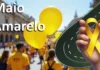 Maio Amarelo em Rio Grande: Abertura Oficial Acontece Nesta Quarta-feira com Palestras de Segurança no Trânsito Em uma rua movimentada e ensolarada, várias pessoas usando camisetas amarelas participam de uma campanha de conscientização. No primeiro plano, três balões amarelos flutuam em destaque. À direita da imagem, há uma ilustração de uma estrada curva e uma mão segurando um laço amarelo, símbolo da campanha Maio Amarelo, que promove a segurança no trânsito. No topo esquerdo da imagem, está escrito em letras brancas grandes: "Maio Amarelo". A atmosfera é alegre e engajada, com prédios históricos compondo o fundo.