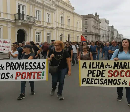 Moradores da Ilha dos Marinheiros Protestam por Reconstrução de Ponte e Prefeitura Reitera Abertura ao Diálogo Manifestação em uma rua do centro histórico de Rio Grande, em frente ao prédio da Prefeitura Municipal. Um grupo de pessoas segura faixas grandes e coloridas exigindo a reconstrução da ponte que liga a Ilha dos Marinheiros ao continente. As faixas dizem: “Basta de promessas. Queremos a ponte!” e “A Ilha dos Marinheiros pede socorro! Precisamos da ponte”. Ao fundo, observa-se a arquitetura clássica de prédios antigos, com colunas brancas e detalhes em amarelo, além de várias pessoas participando do protesto, demonstrando preocupação e engajamento com a causa. O céu está nublado, e o ambiente é pacífico, porém carregado de indignação