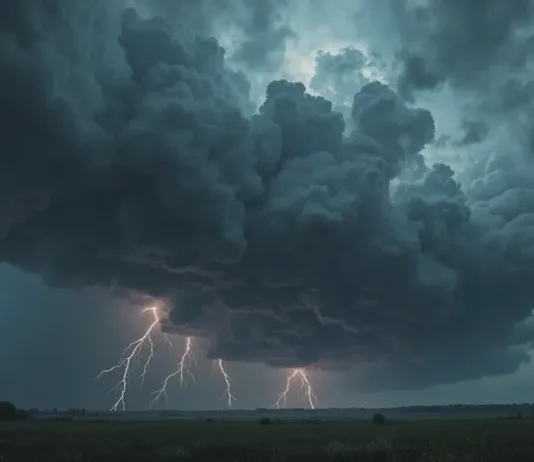 Rio Grande em Alerta: Defesa Civil Intensifica Monitoramento Climático e Reforça Prevenção Nuvens carregadas e escuras, que sugerem uma tempestade. Raios saem das nuvens e tocam o solo.