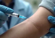 Campanha de Vacinação contra a Influenza 2025: Proteja-se Contra a Gripe! Close num braço sendo vacinado por uma enfermeira com luvas e uma seringa em suas mãos. A seringa tem um líquido azul.