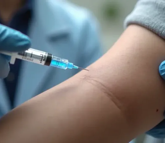 Campanha de Vacinação contra a Influenza 2025: Proteja-se Contra a Gripe! Close num braço sendo vacinado por uma enfermeira com luvas e uma seringa em suas mãos. A seringa tem um líquido azul.