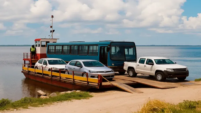 Uma balsa, um tipo de embarcação usada para transportar veículos e passageiros sobre um rio. A balsa está ancorada perto de uma margem, e três veículos estão estacionados em sua plataforma: um carro de cor branca, um carro prata e uma caminhonete também branca. Na parte superior da balsa, um homem está em uma cabine de comando, usando um colete de segurança amarelo e observando ao longe. Ao fundo, é possível ver uma vista tranquila do rio e um céu azul com algumas nuvens. A margem da balsa é composta por uma pequena área de terra com gramado e pedras visíveis.